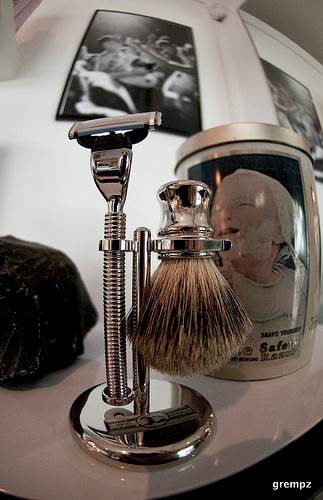 shaving cream/ alert button